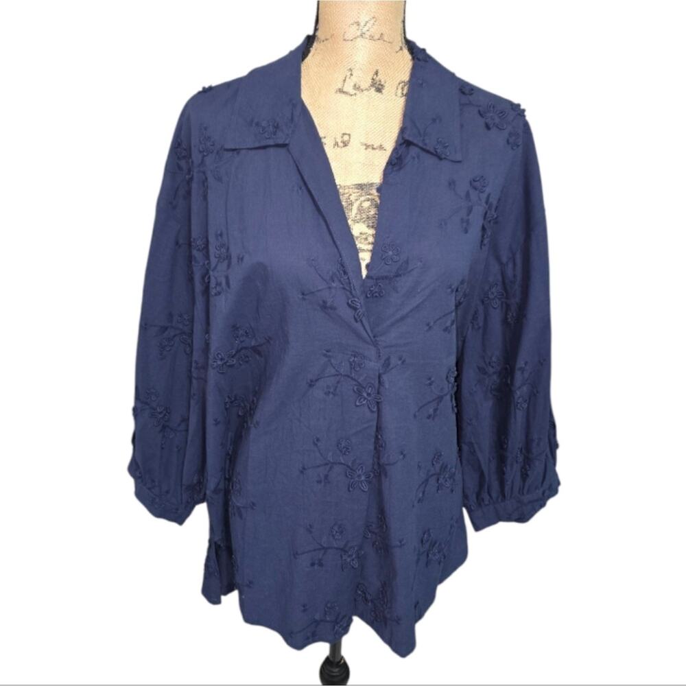 Laura Ashley 3D Embroidered Flower Navy Blue Women's Blouse Plus Size 3X New